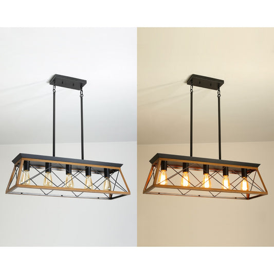 32in  Walnut Industrial 5-Light Pendant Chandelier, Modern Metal Cage Design, Adjustable Hanging Light For Dining Room, Kitchen, Living Room -No Bulbs