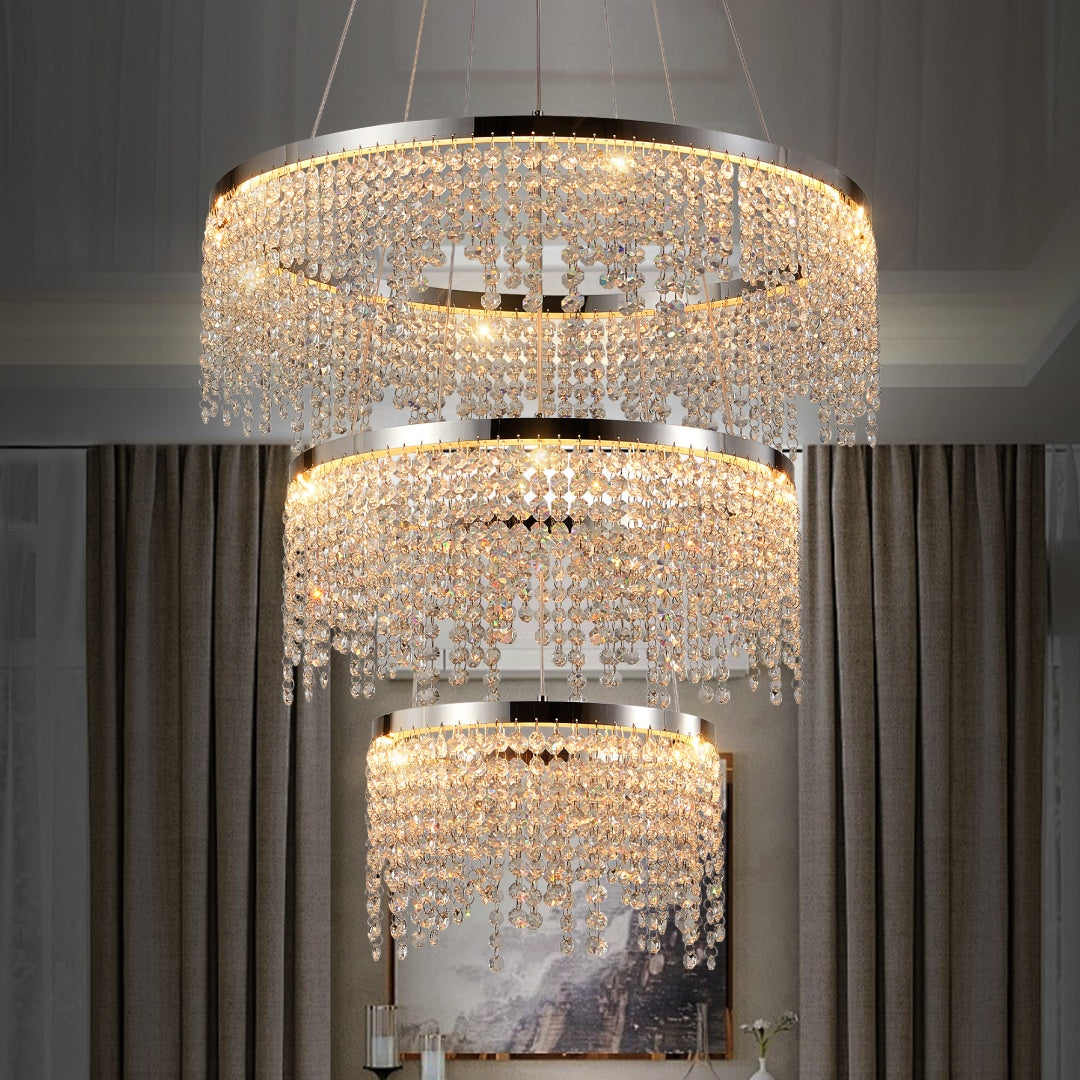 24-inch Crystal Chandelier LED Ceiling Lamp, Adjustable Color Temperature 3000K -4000K-6000K, Height Adjustable, Luxury Round Chandelier, Suitable For Living Room, Dining Room, Bedroom