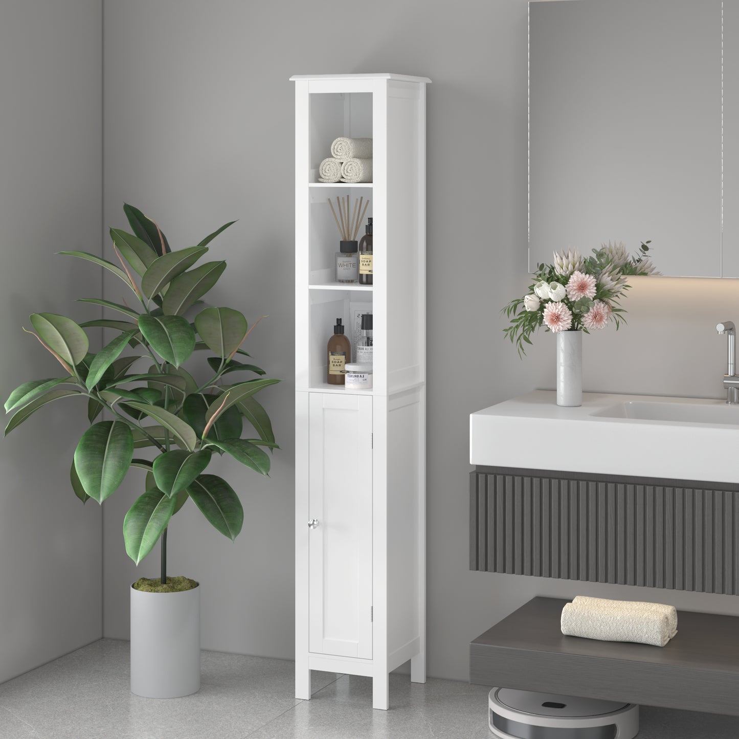 66.92 Tall Bathroom Storage Cabinet With Adjustable Shelves,Slim 1 Doors Freestanding Cabinet With Anti-Tip, Open Compartments, For Home, Small Spaces, Bathroom,Kitchen, Living Room, White