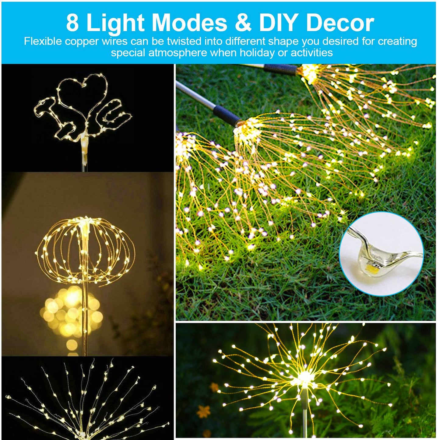 2Pcs Solar Powered Starburst Lights 240 LEDs Firework Lamp Garden Path Decor Lights For Spring Garden Decoration