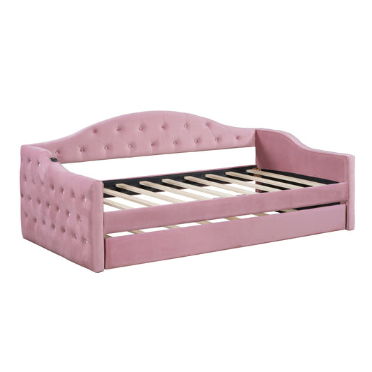 Twin Size Tufted Upholstered Daybed With Trundle ,Velvet Sofabed With USB&Type-C Charging Ports,No Box-spring Needed
