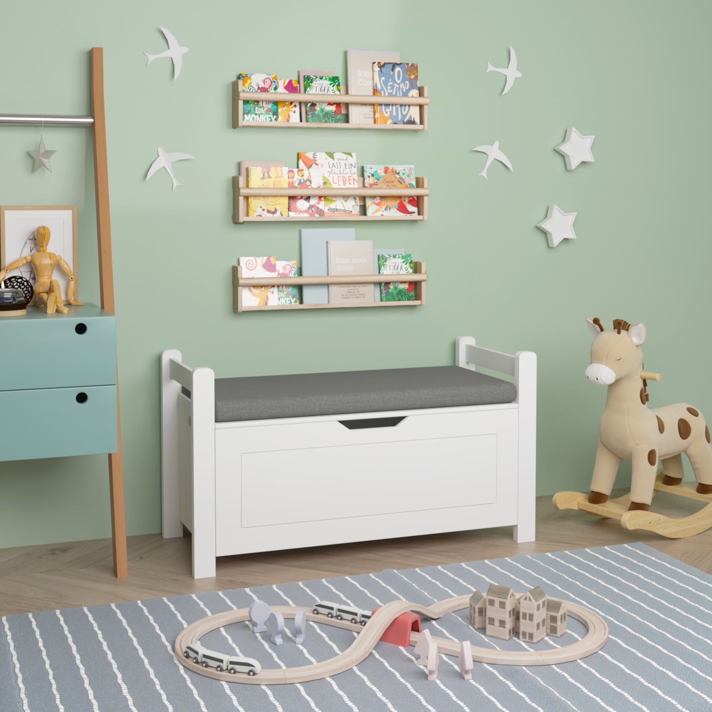 Kids Toy Box Chest, White Toy Box For Boys Girls, Large Storage Cabinet With Cushion Seat Bench Flip-Top Lid Safety Hinge, Toy Storage Organizer Trunk For Nursery, Playroom