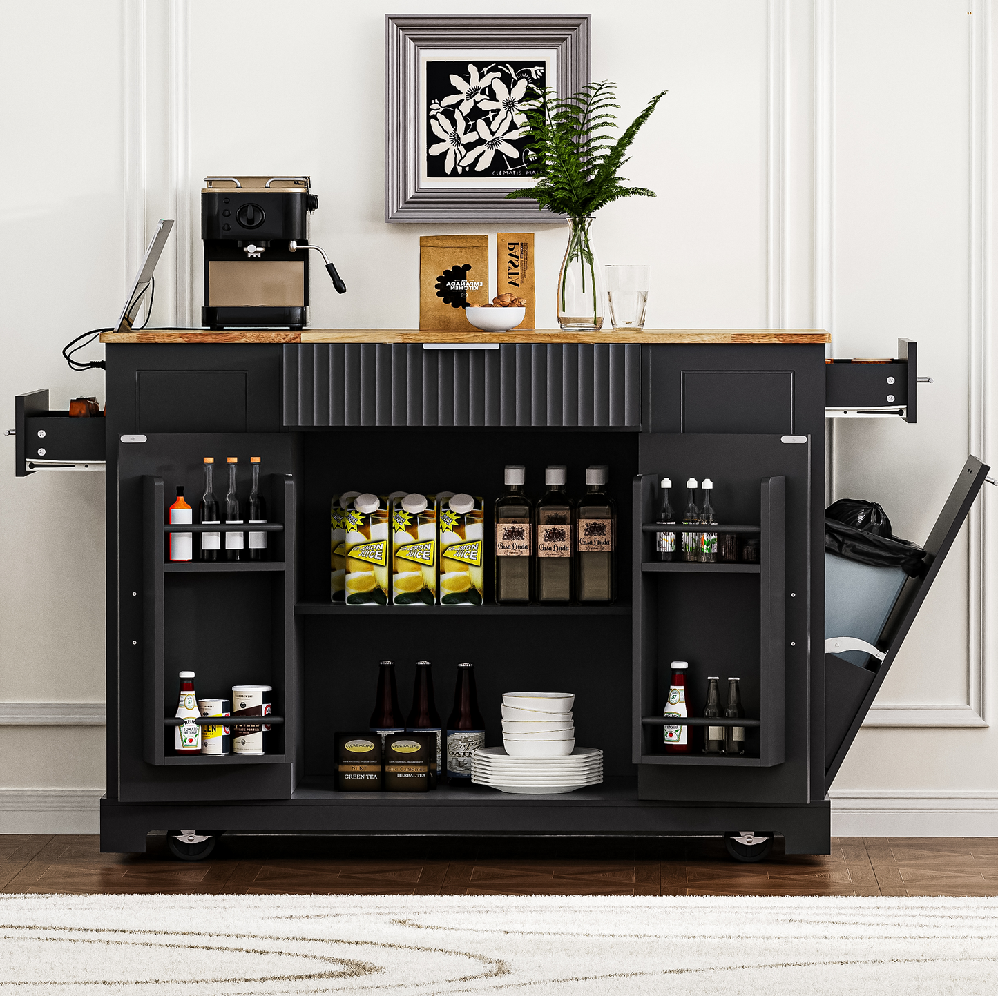 K&K Fluted Kitchen Island With Trash Can Storage Cabinet, Power Outlet, Internal Storage Rack, Rolling Kitchen Islands On 5 Wheels With 3 Drawer, 3 Open Side Racks For 10 Gallon Garbage Bin, Black