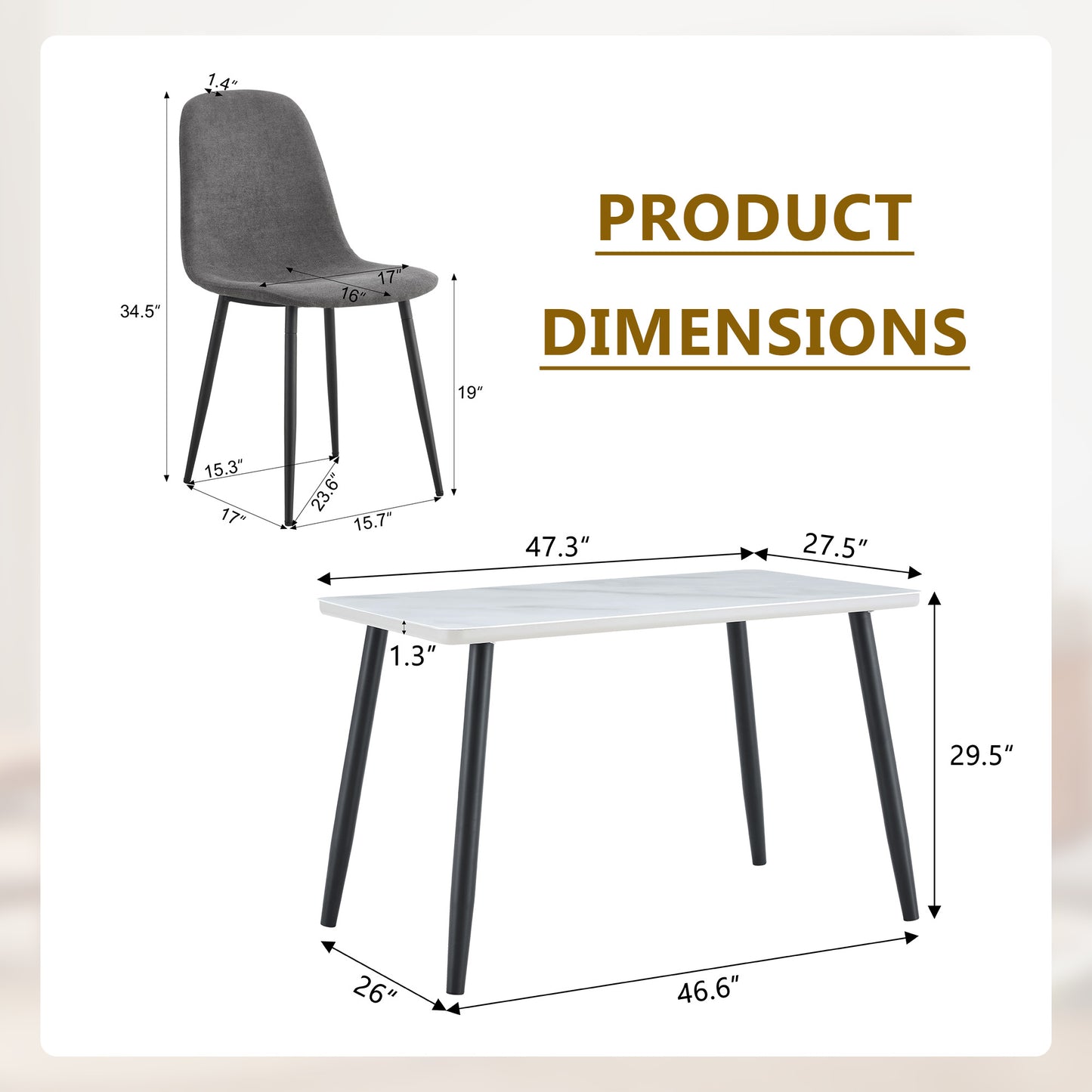 Table And Chair Set.Modern Rectangular Dining Table,suitable For 4-6 People.White Tempered Glass Countertop Lower MDF Board.Paired With 4 Dark Gray Linen-Cotton Material Dining Chair With Metal Leg.