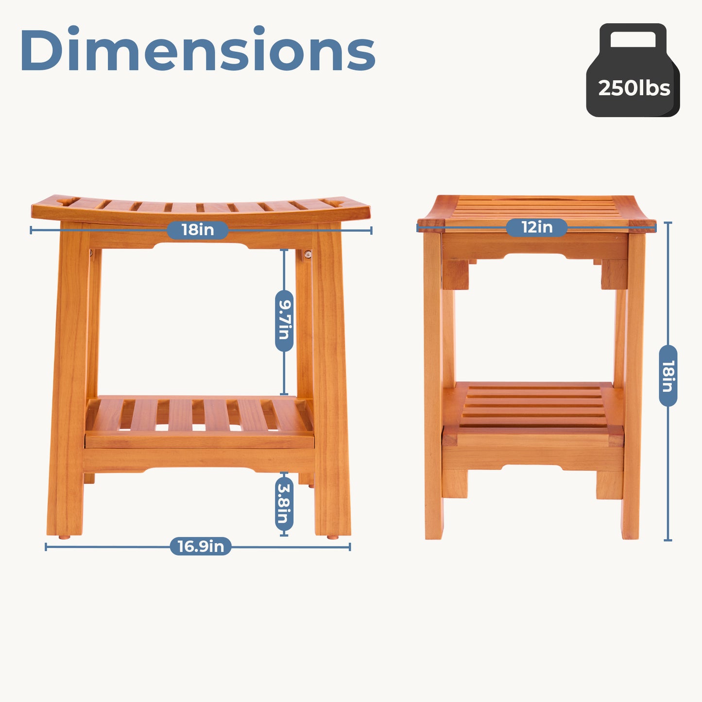 18-inch Solid Wood Bathroom Stool, Featuring A Wooden Seat Suitable For Use In The Shower And Vanity Area