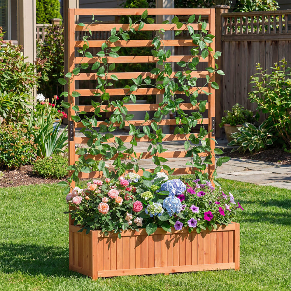 Wooden Raised Garden Bed 59 Inch Tall Elevated Planter Box With Vertical Trellis For Cultivating Vegetables, Flowers, Herbs, Etc