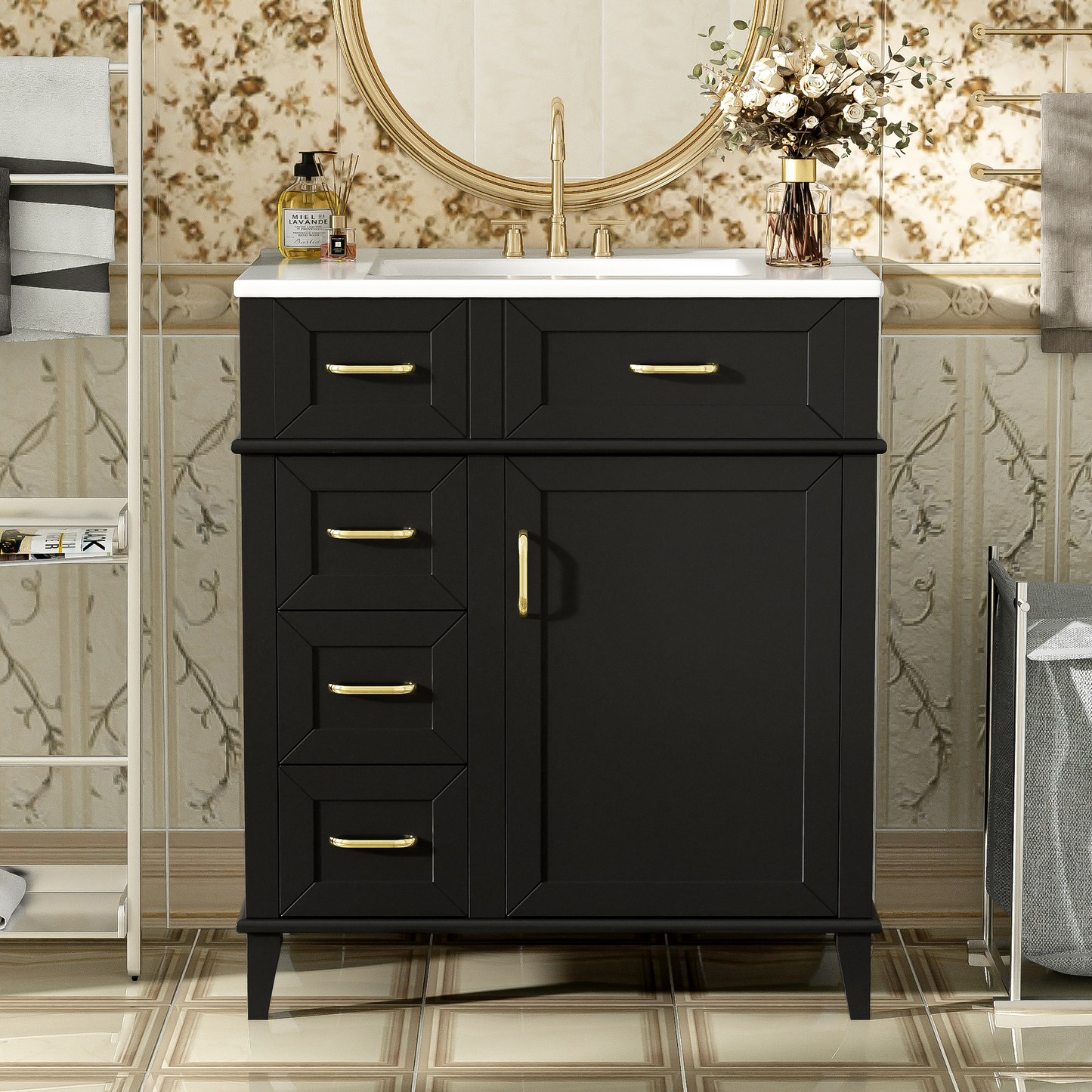 30-Inch Bathroom Vanity With Ceramic Sink, Adjustable Shelf, Soft Close Door, And Three Soft Close Drawers