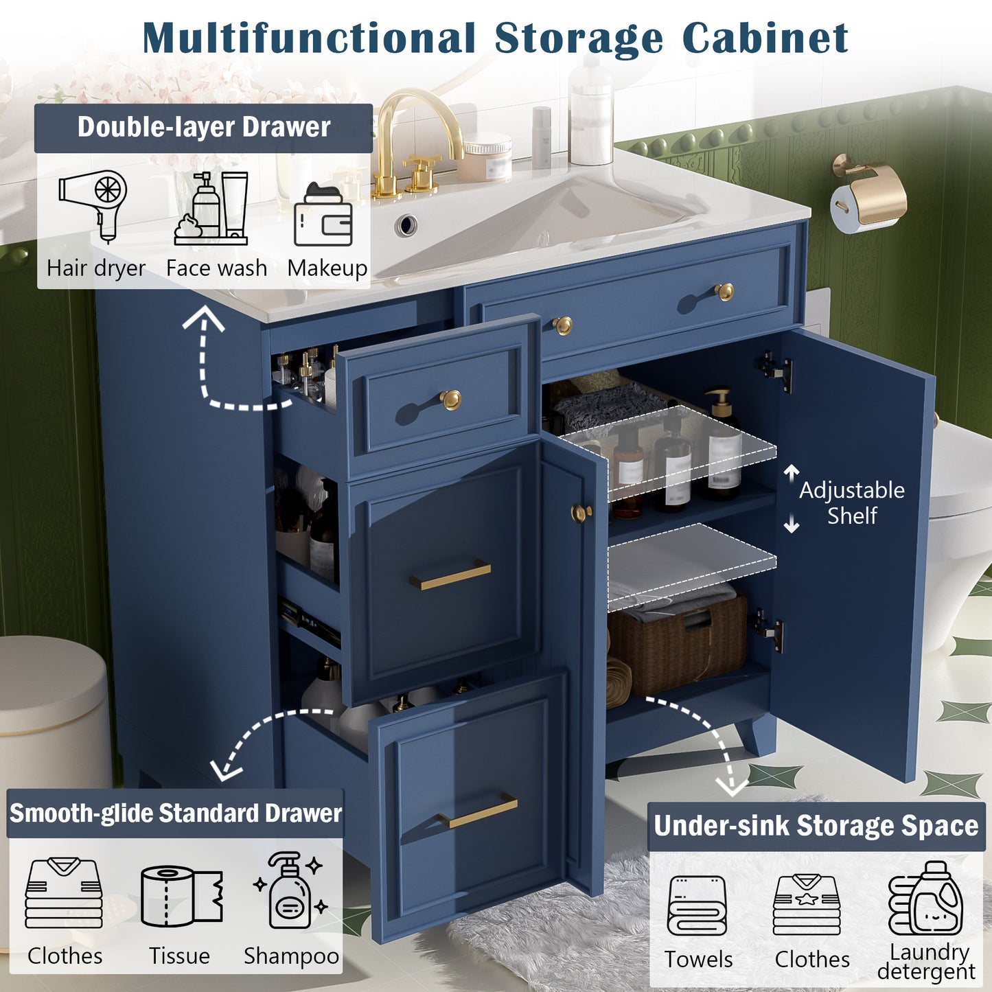 36  Bathroom Vanity With Ceramic Sink, Standard And Double-Layer Drawers, Soft Close Doors, Adjustable Shelves, Modern Storage Cabinet For Small And Medium Bathrooms