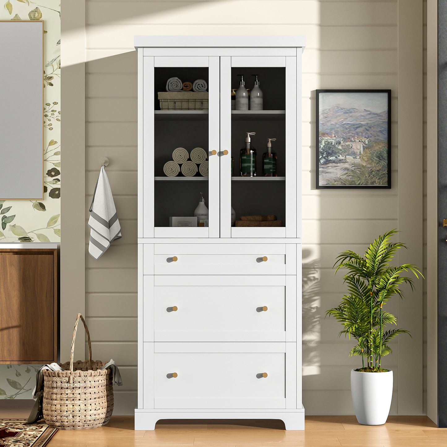 70.1  Modern High Freestanding Tall Bathroom Cabinet With 2 Adjustable Shelves, 3 Drawers, Soft Close Glass Doors -Ideal For Bathroom, Living Room, Kitchen Storage