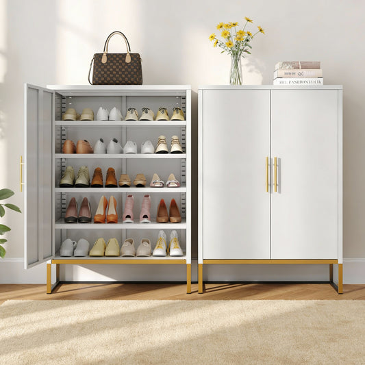 40inch Tall 2-Doors Shoes Cabinet, Metal 7-Tier Hidden Shoe Organizer,Modern Narrow Shoe Storage Cabinet With Adjustable Shelves For Entryway, Hallway, Closet, Bedroom, Living Room,Laundry Room White