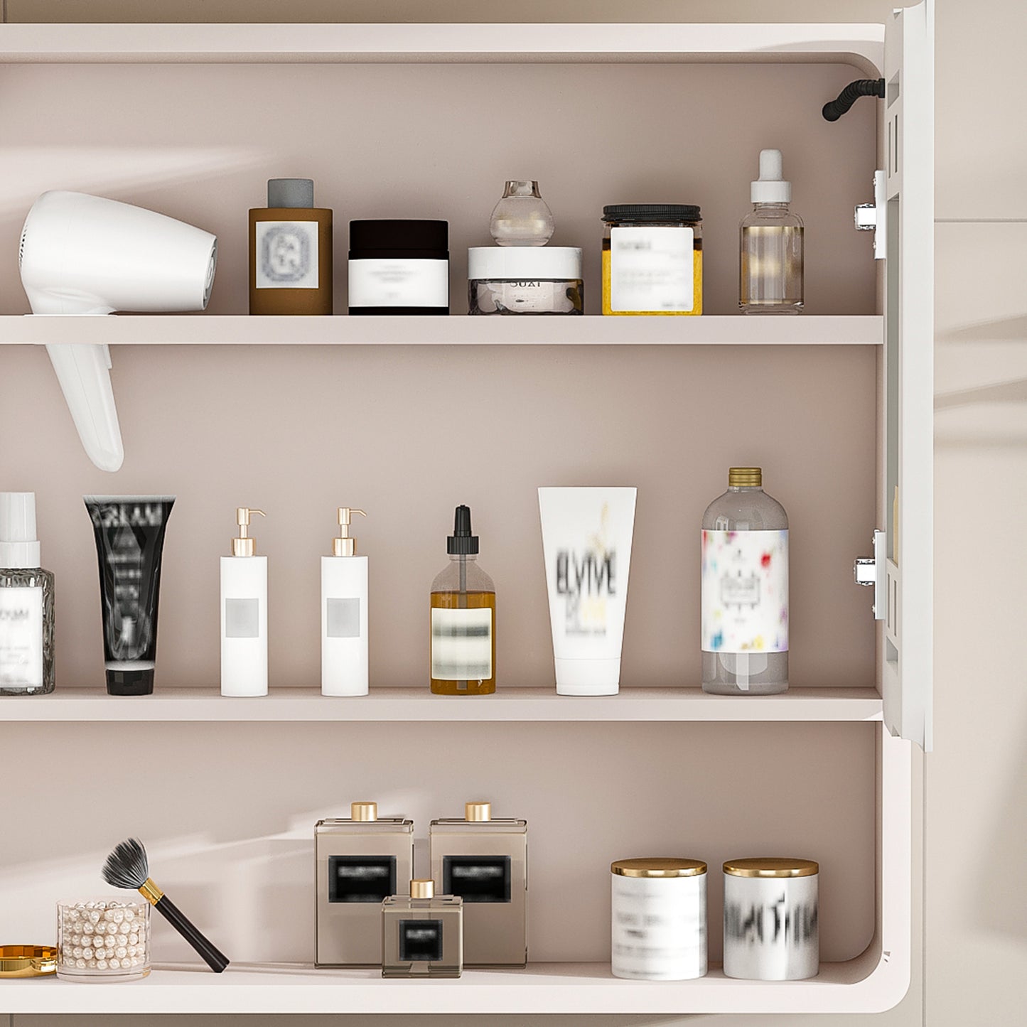 Aluminium Medicine Cabinet Mirror  35 X 28 Inches Medicine Cabinet With 3 Colors LED Light And Defogging Function  Bathroom Mirror Cabinet With Cosmetic Storage Rack And Hair Dryer Holder  Khaki