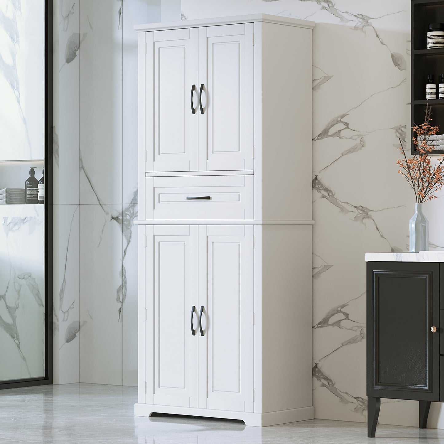 Video Bathroom Storage Cabinet With Multi-Functional Storage Space, Drawer With Slide Rails, Adjustable Shelf, White