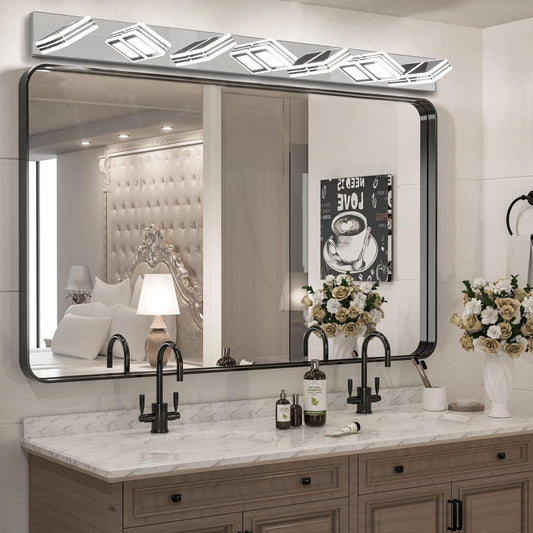 45in  Modern Chrome 7-Light LED Vanity Light, Square Acrylic Lampshades Wall Mount Fixture For Bathroom, Mirror Lighting