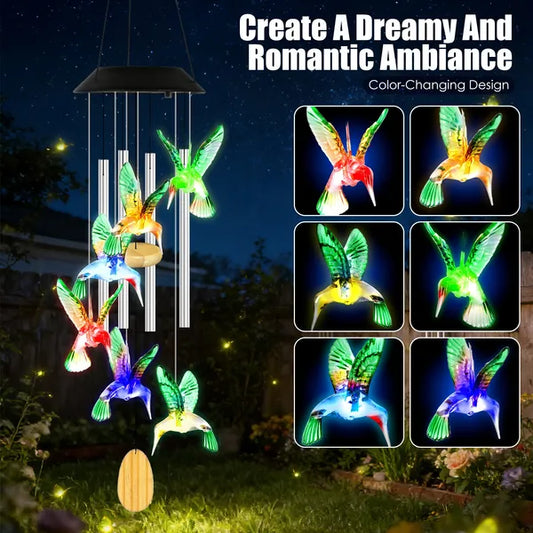 1Pc - 2Pcs Options - Solar Hummingbird Wind Chime With Aluminum Tubes 7 Color Changing Wind Chime For Outside IPX4 Waterproof Outdoor Garden Yard Decor