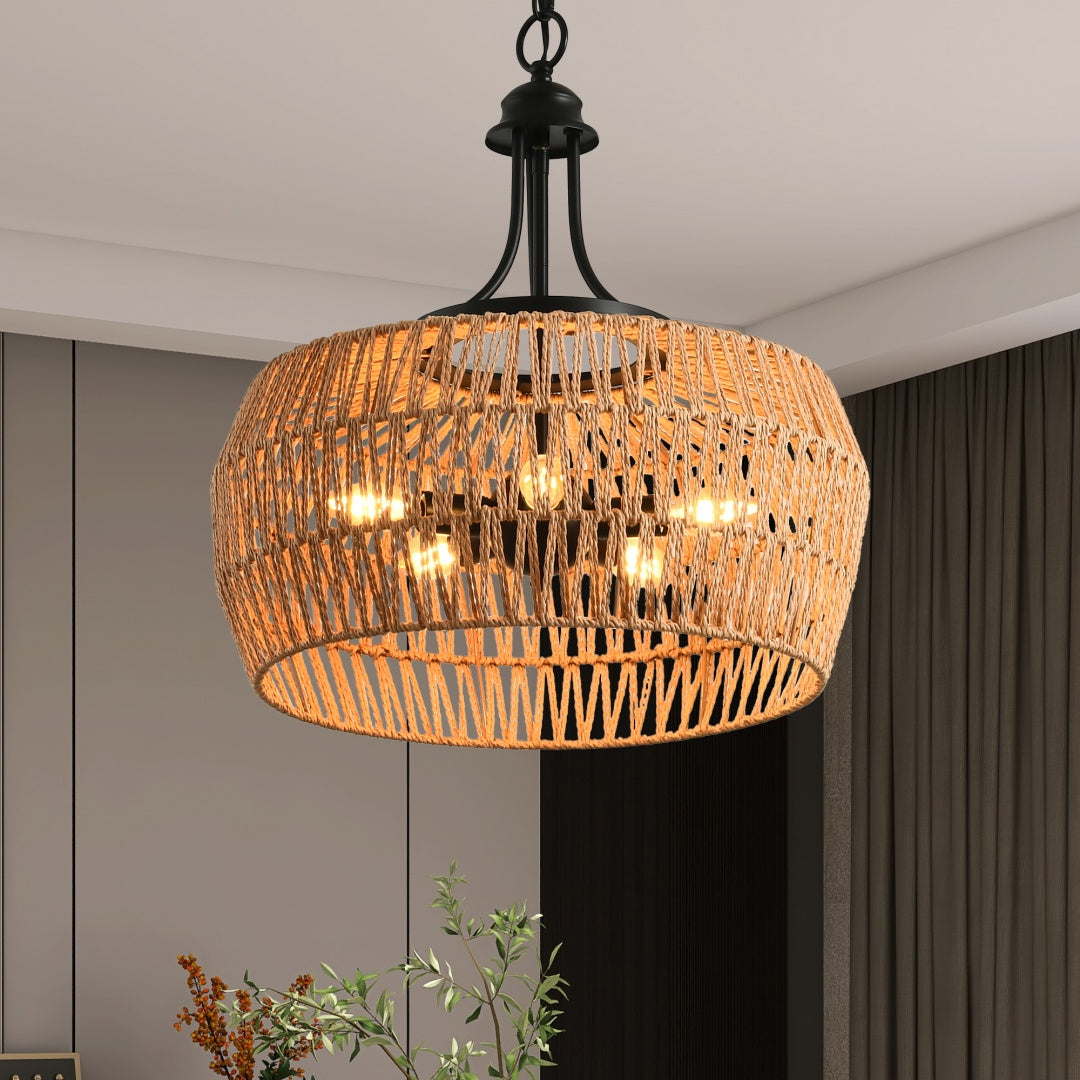 19  Boho Hemp Rope Pendant Light, Hand-Woven Jute Hanging Lamp With Adjustable Chain, Natural Rope Shade Ceiling Light Fixture For Kitchen Island, Dining Room, Or Entryway   Bulb Not Included