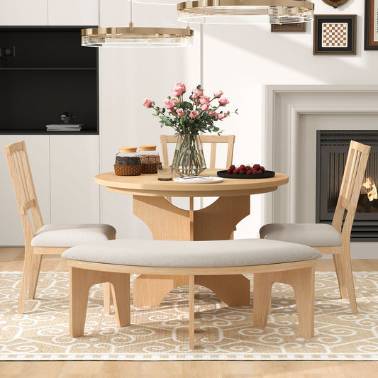 TREXM 5-piece Rustic Charm Round Dining Set With 3 Upholstered Chairs And Curved Bench For Dining Room  Kitchen And Living Room  Natural