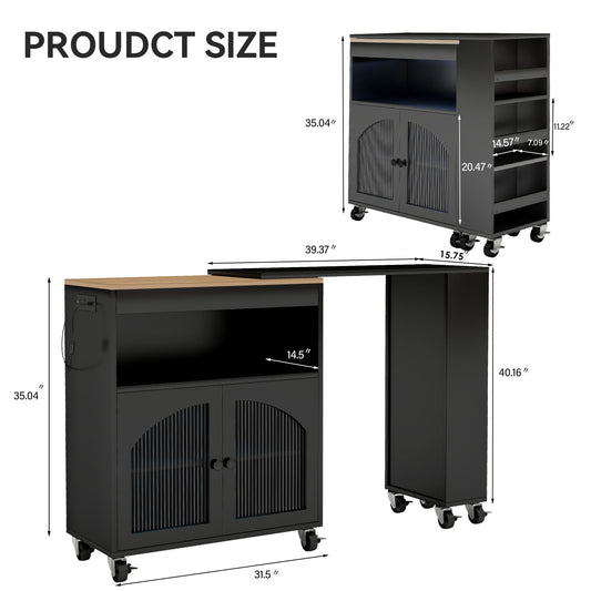 Kitchen Island On Wheels With Extended Table MDF Rolling Kitchen Storage Cart With LED Light Power Outlets 2 Fluted Glass Doors Side 3 Open Shelves Black US Plug