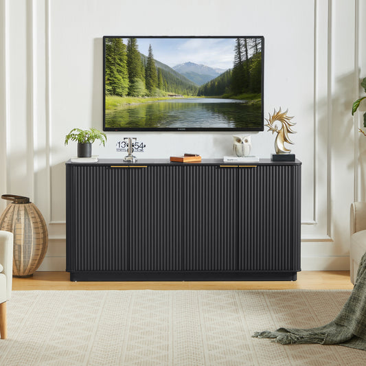 63  Vertical Stripe Buffet Cabinet Sideboard With Stoarge, Curved Wave Design, TV Stand, For Bedroom, Living Room, Hallway, Black,63 W X 15.75 D X 31.5 H.