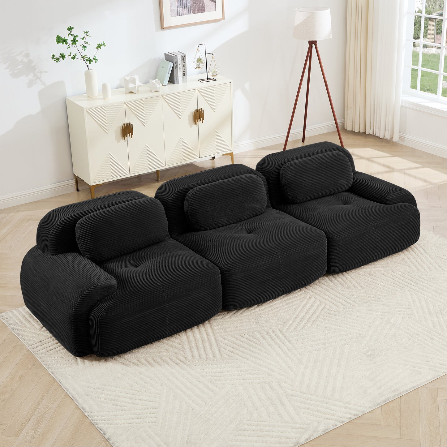 3-seat Sofa PremiumCorduroy Fabric Fabric Modular Multi-combination Anti-slip Design No Assembly Curved Armrests Ergonomic Support High-resilience Sponge For Living Rooms Bedrooms,Black