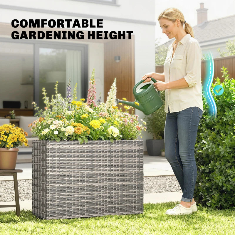 Tall Rectangular Planter With Removable Liner, Holes, PE Wicker Large Planter Box For Indoor Outdoor Plants, Gray