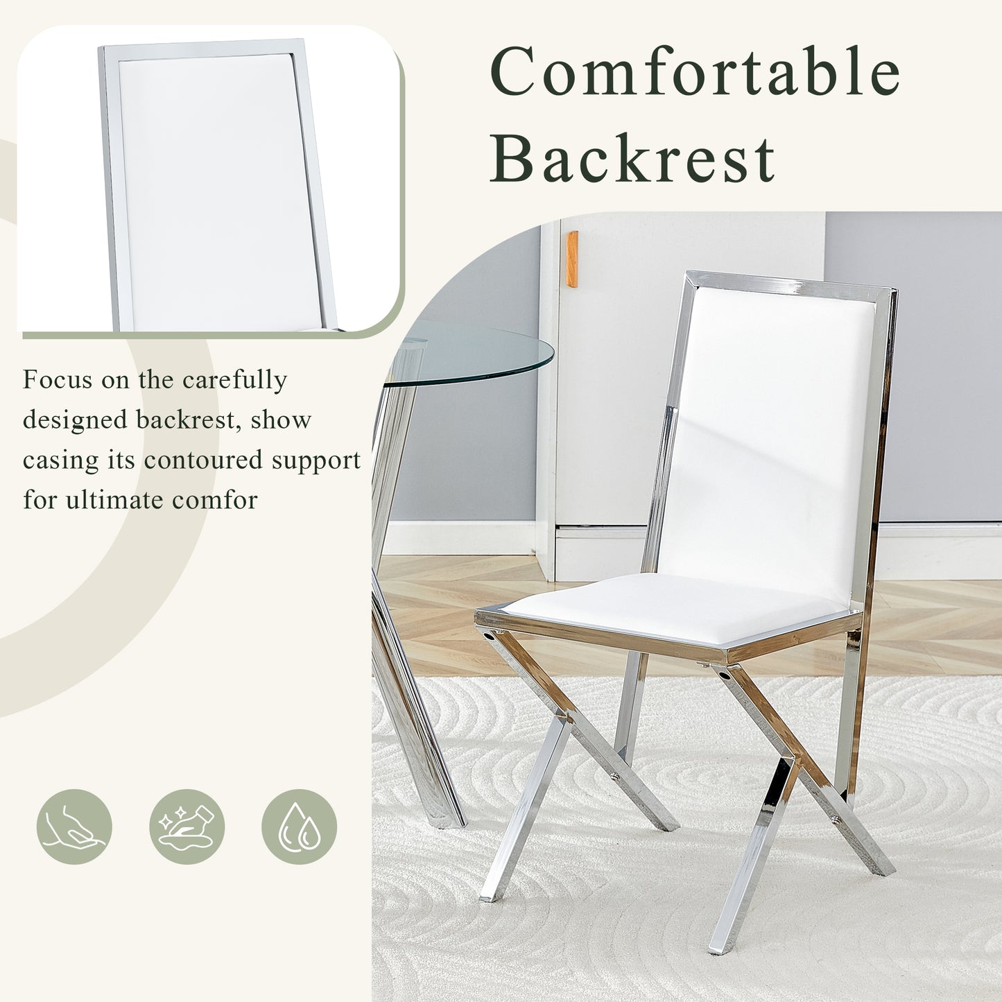 4-pack Silver Metal Framed White PU Dining Chairs Ergonomic Design, A Simple And Luxurious Choice.Featuring Uniquely Designed Silver Metal Legs.