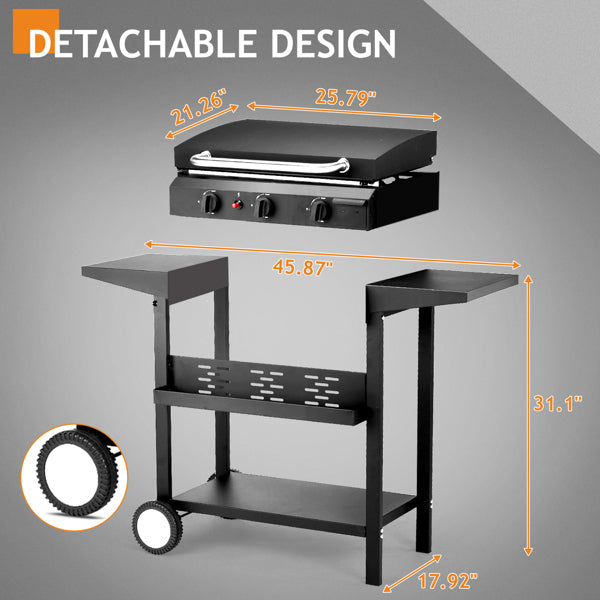 3-Burner Flat Top Gas Griddle Cooking Station With Ceramic Coated Cast Iron Pan, 30,000 BTU Propane Fuelled Griddle Station With Side Shelves & Spice Rack For Outdoor Barbecue  Cookout
