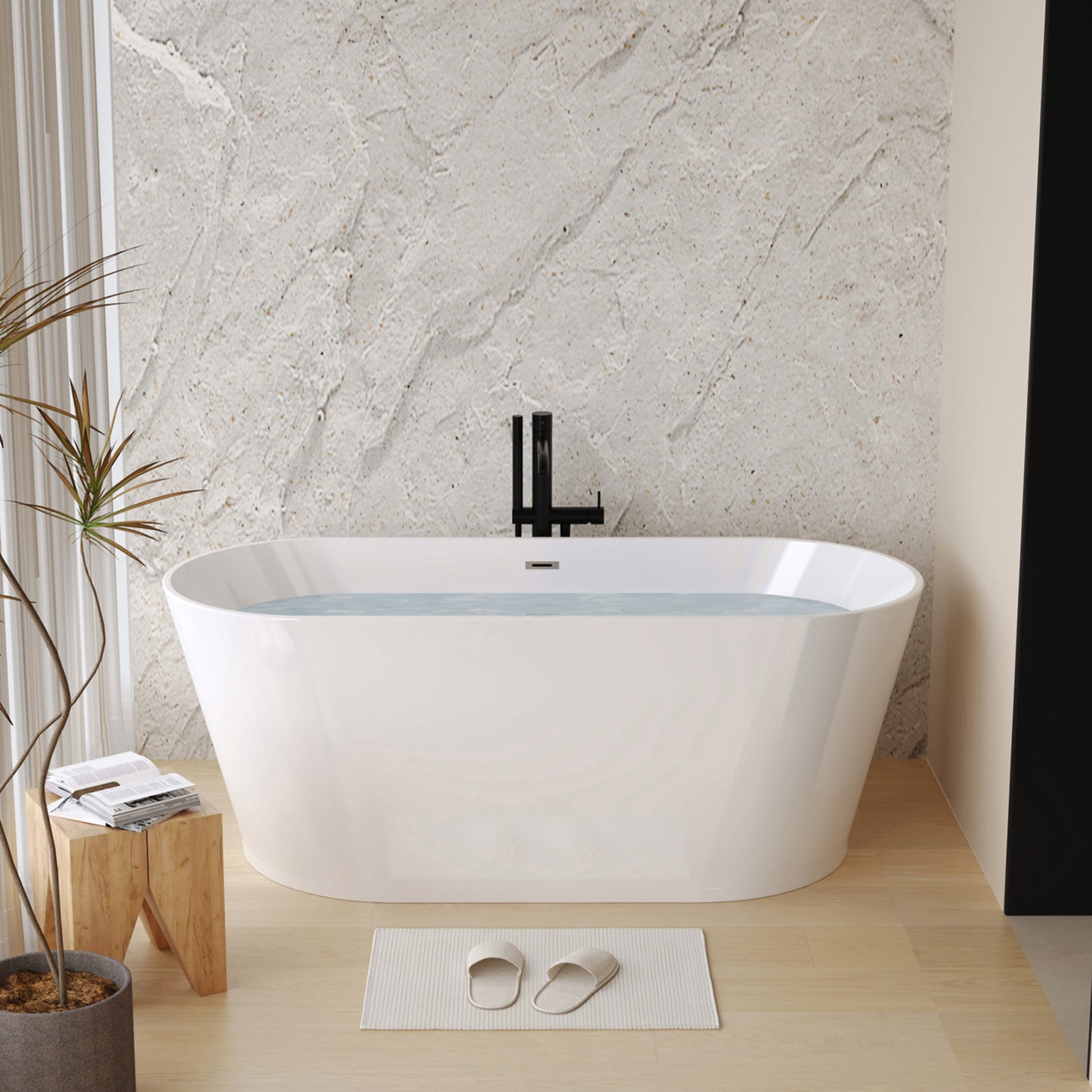 59 Acrylic Freestanding Bathtub, Stand Alone Soaking Tub, Glossy White Acrylic, Toe-tap Chrome Drain, CUPC Certified