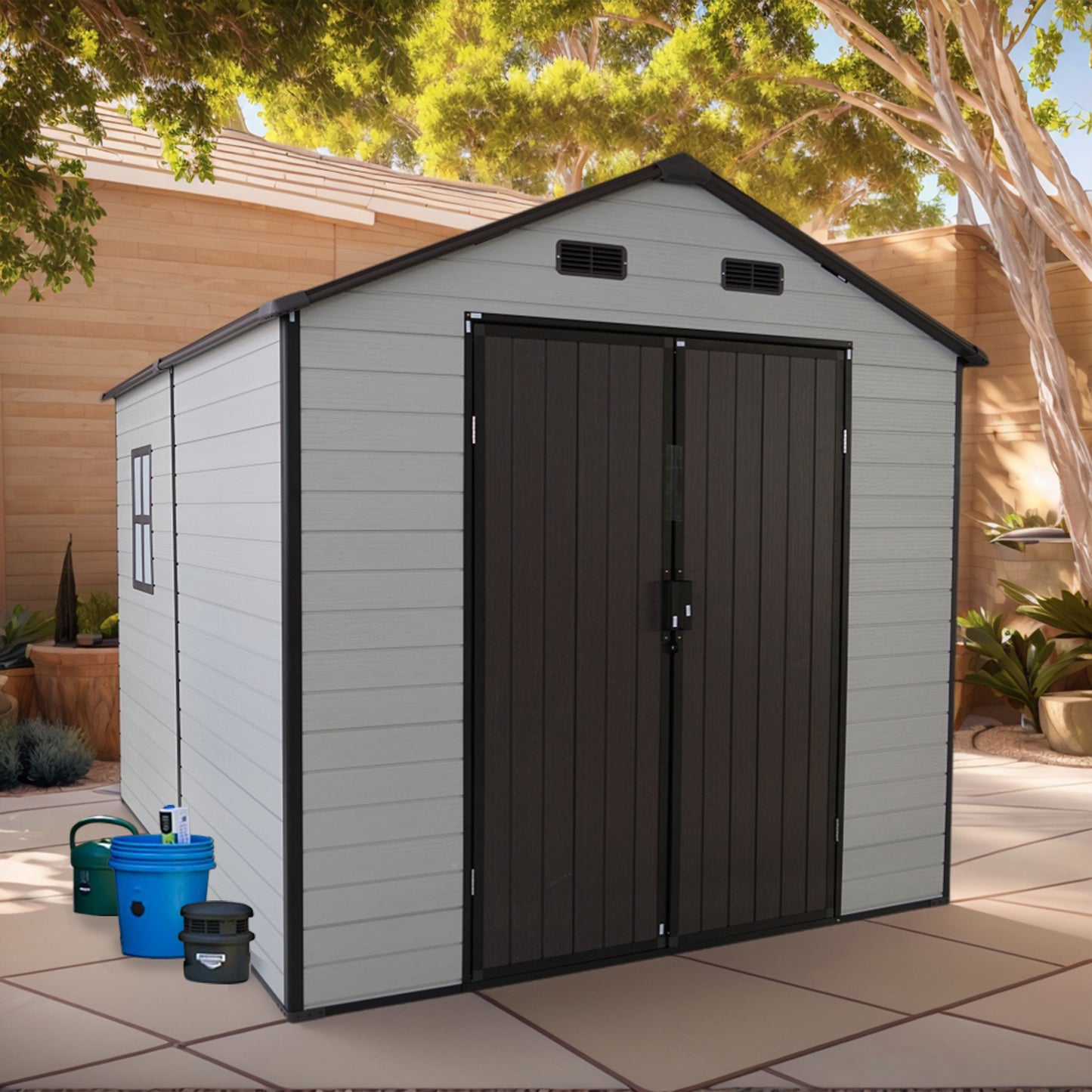 8x8x7.6FT Outdoor Resin Storage Shed With Windows, Strong Aluminum Frame & Floor For Garden,  Organization White Brown