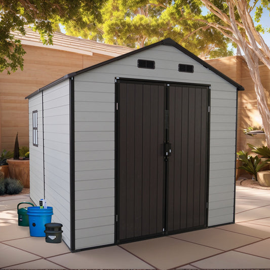 8x8x7.6FT Outdoor Resin Storage Shed With Windows, Strong Aluminum Frame & Floor For Garden,  Organization White Brown
