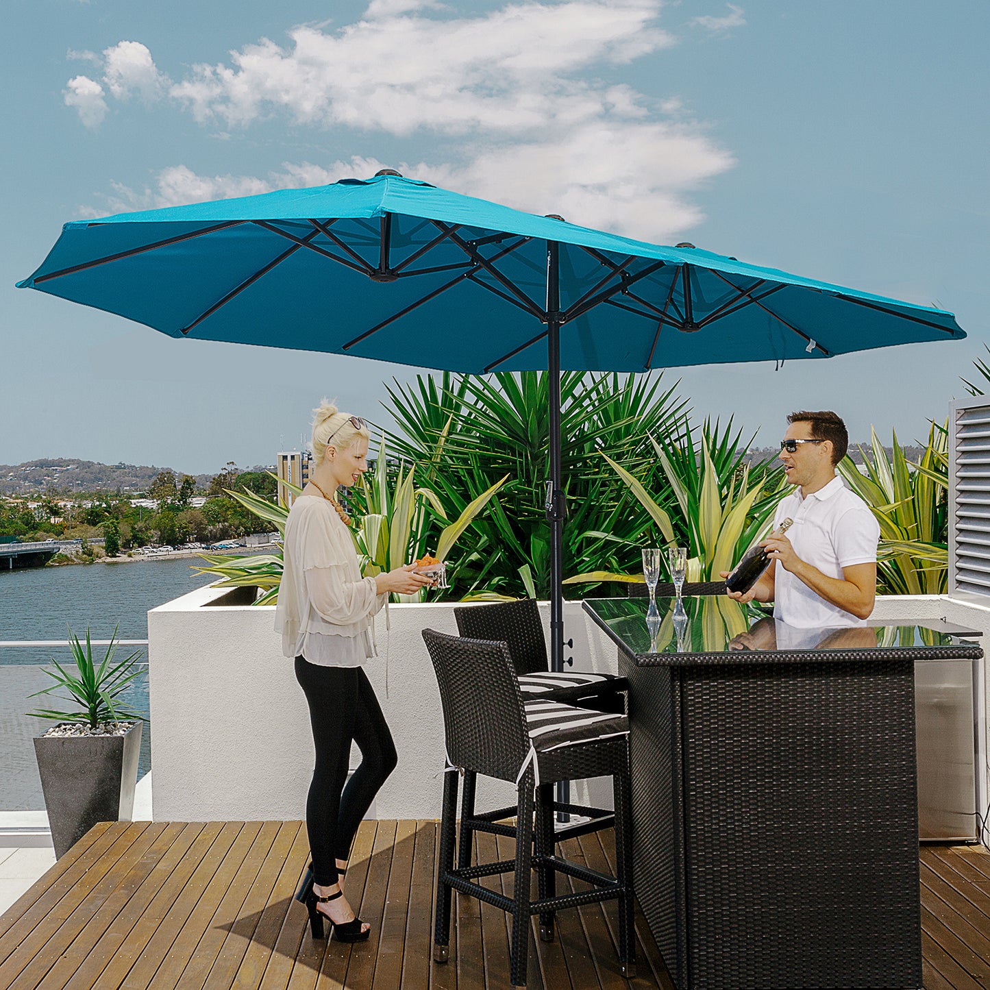 Patio Umbrella 15ft Double-Sided Outdoor Market Extra Large Umbrella With Crank Handle For Deck, Lawn, Backyard And Pool, Blue