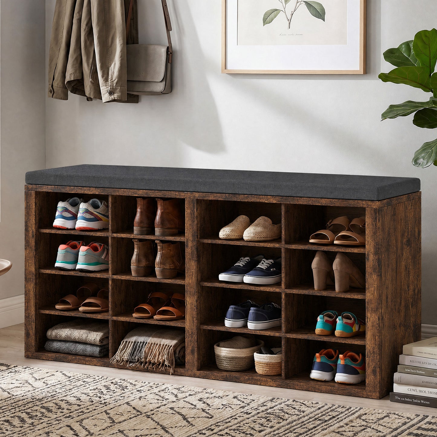 Shoe Storage Bench With Cushion 16 Cubby Shoe Rack Multifunctional Shoe Organizer Bench For Entryway Hallway Living Room Bedroom