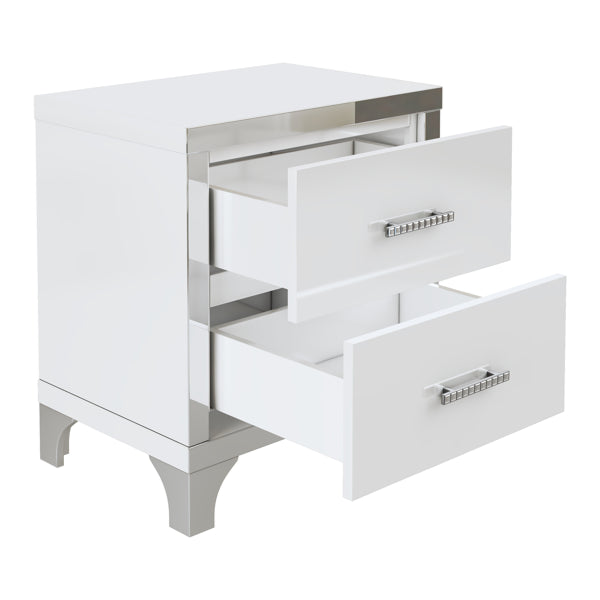 Elegant High Gloss Nightstand With Metal Handle,Mirrored Bedside Table With 2 Drawers For Bedroom,Living Room,White