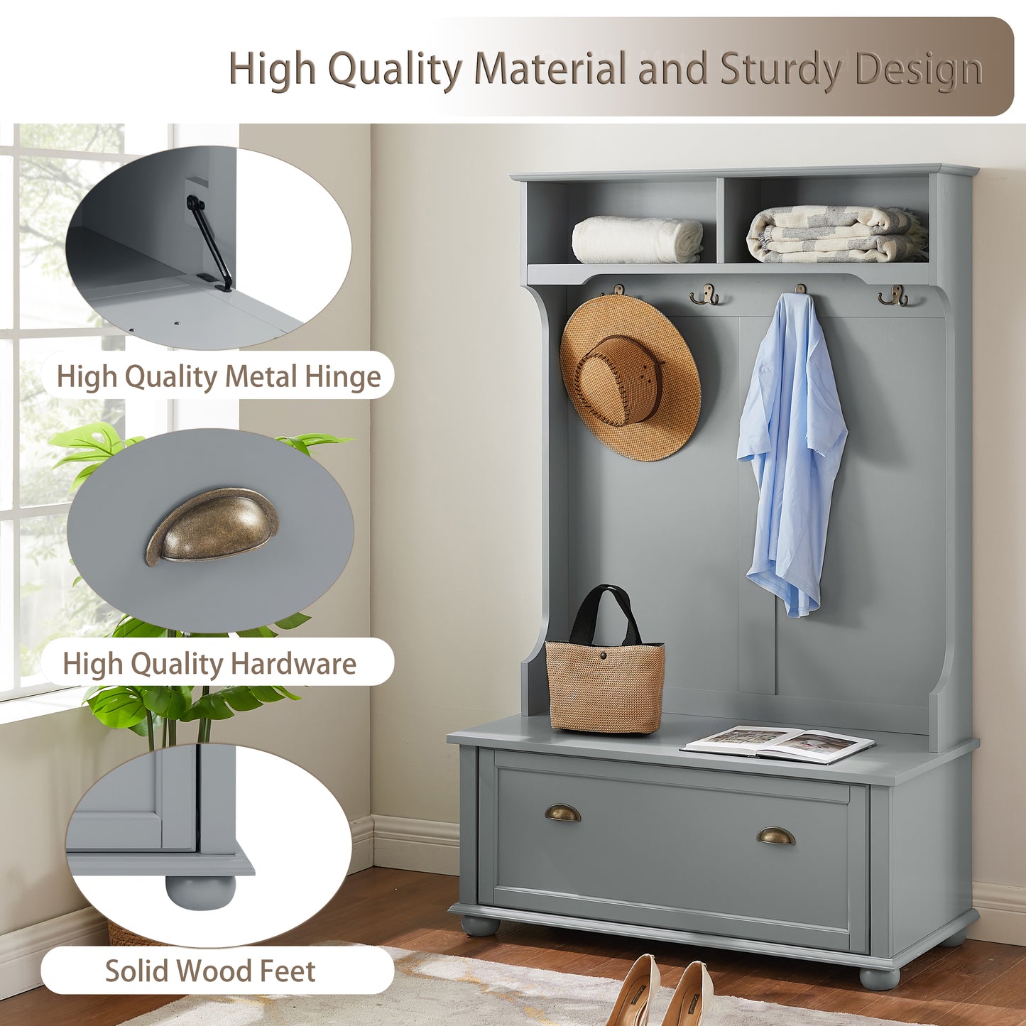 Modern Classic Hall Tree With Shoe Rack Bench And Coat Hooks For Hanging Storage, Entryway Bench With Open Shelves And Shoe Cabinets 40.16 Wx18.58 Dx64.17 H GRAY