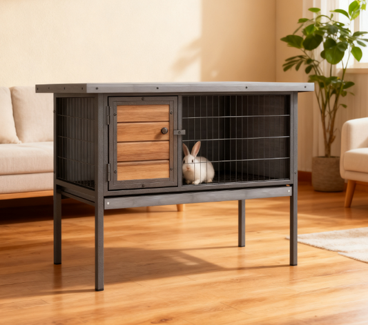 Wooden Rabbit Hutch Elevated With No Leak Tray, Gray