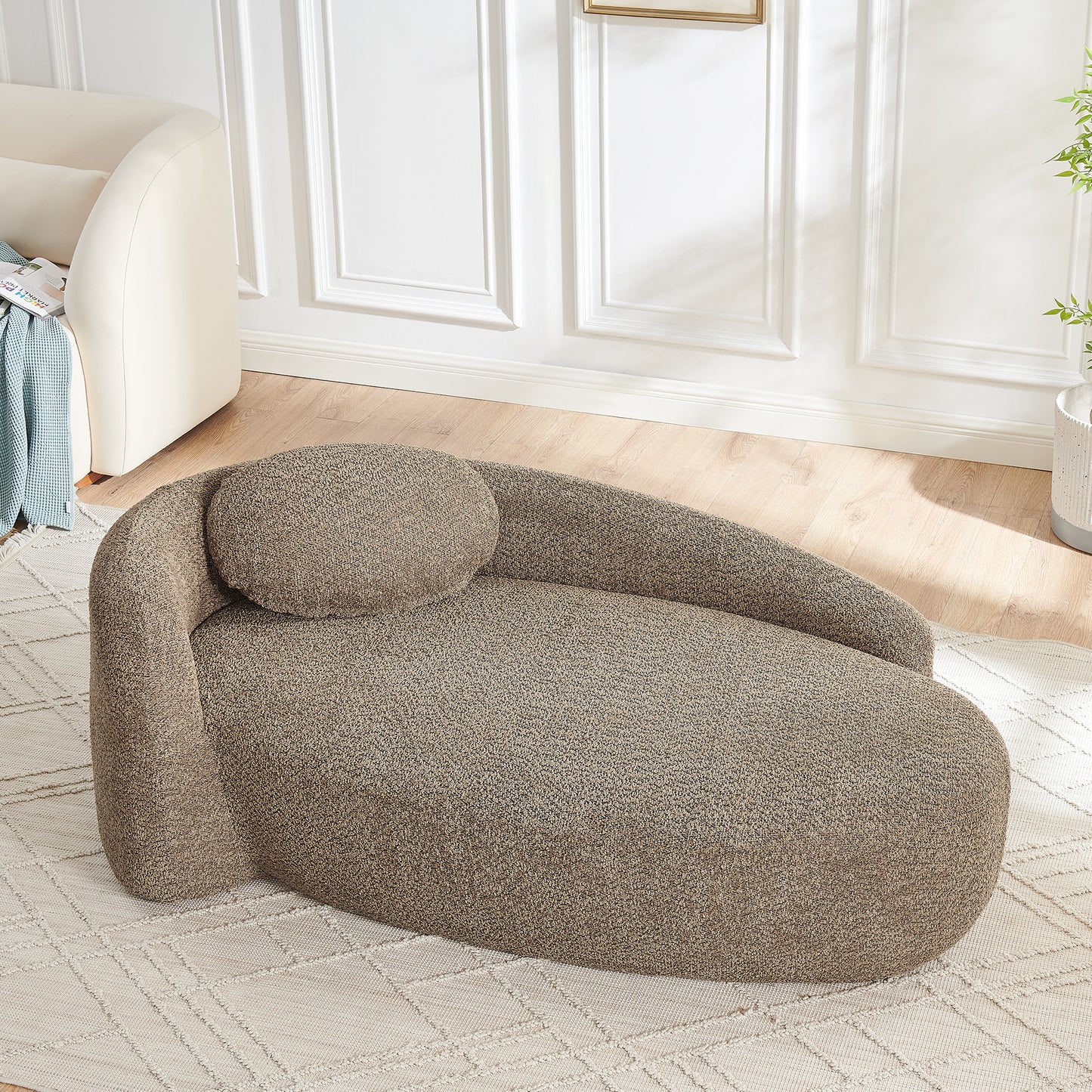 Modern Oval Single Lazy Sofa Chair With Integrated Backrest, Side Armrest And Pillow, Compact Space-Saving Lounge Chair For Living Room Bedroom-Brown