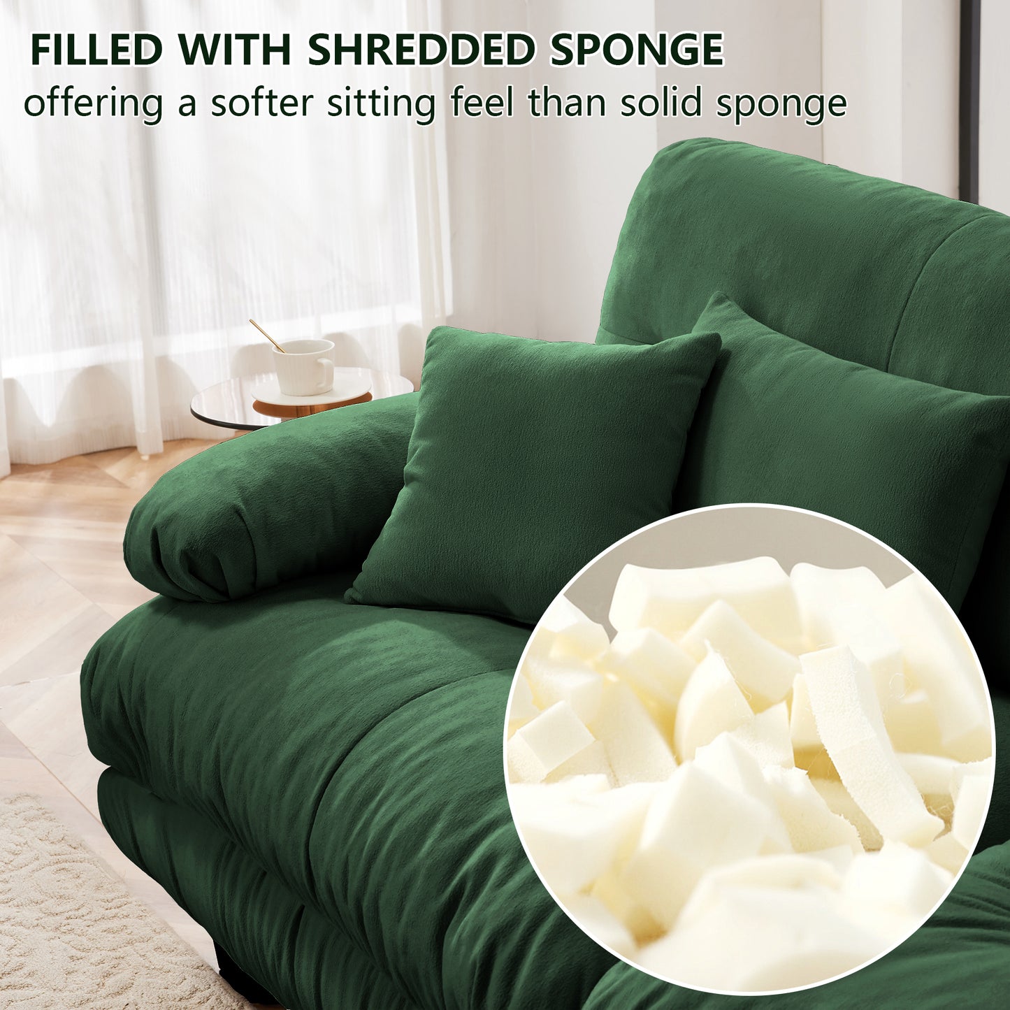 Cloud Couch Sectional Sofa For Living Room, Chenille 2 Seater Sofa With 2 Lumbar Pillows And 2 Throw Pillows , Upholstered Wide Arm Sofa With Convertible Ottoman,Chenille Green