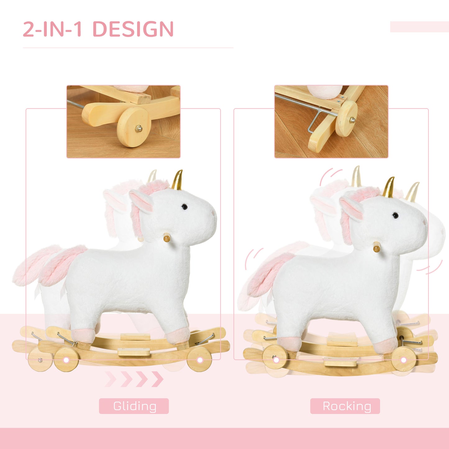 2 In 1 Kids Rocking Horse, Rolling Unicorn With Sound, Wooden Base, Pedal, Grip Handle, For 3-6 Years Old, White