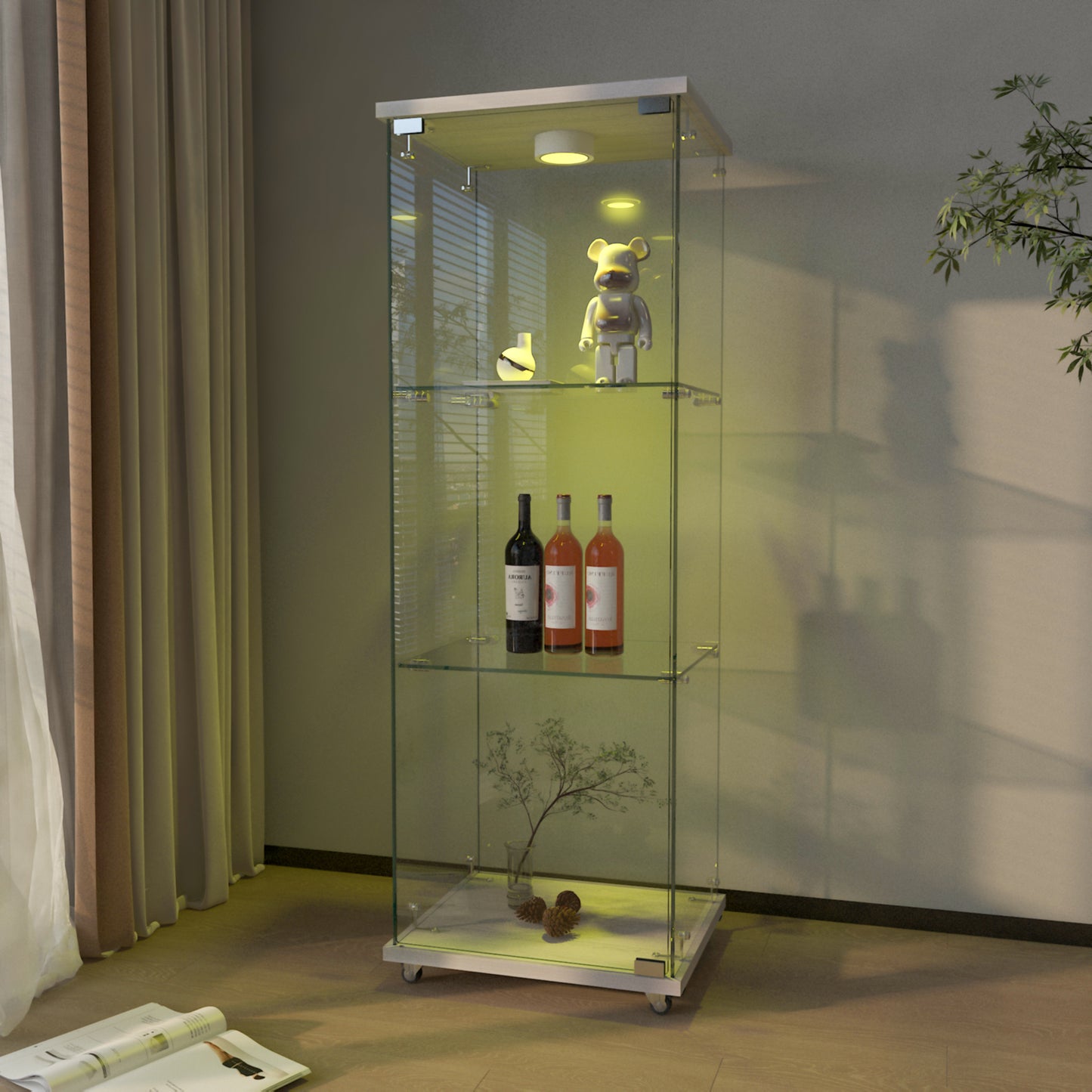 Modern Glass Display Cabinet With LED Lights, Quick-assembly Antique Cabinet, Tempered Glass Bookshelf, Suitable For Living Room And Bedrooms, 1-door 3-shelf, White