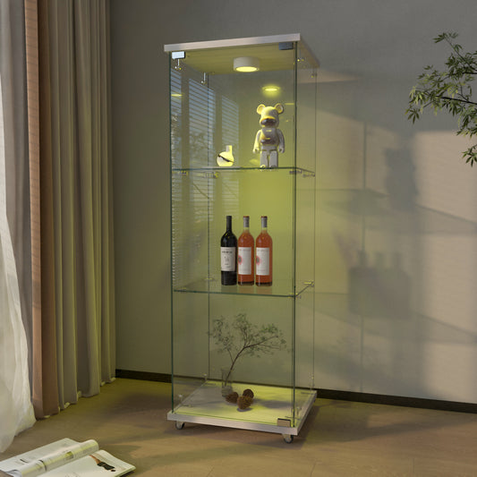 Modern Glass Display Cabinet With LED Lights, Quick-assembly Antique Cabinet, Tempered Glass Bookshelf, Suitable For Living Room And Bedrooms, 1-door 3-shelf, White