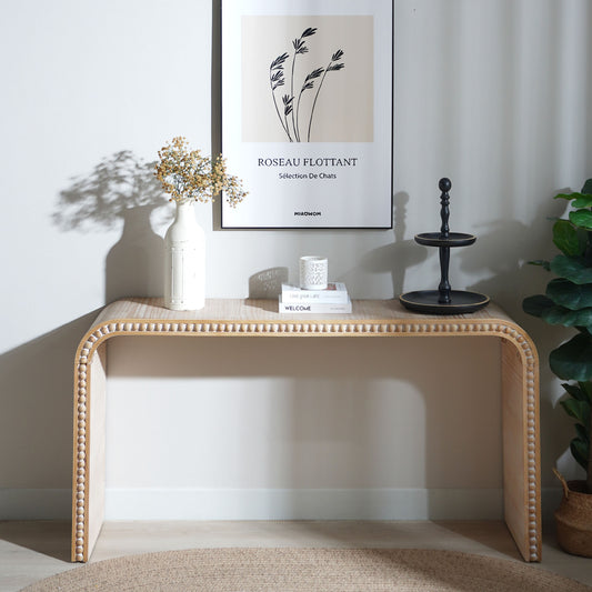 Natural Wood  Console Table, 59in Entryway Table, Curved Waterfall-style Table,Console Table With Wood Beads,Entrance Table For Entryway, Hallway, Living Room, Foyer, Corridor, Office