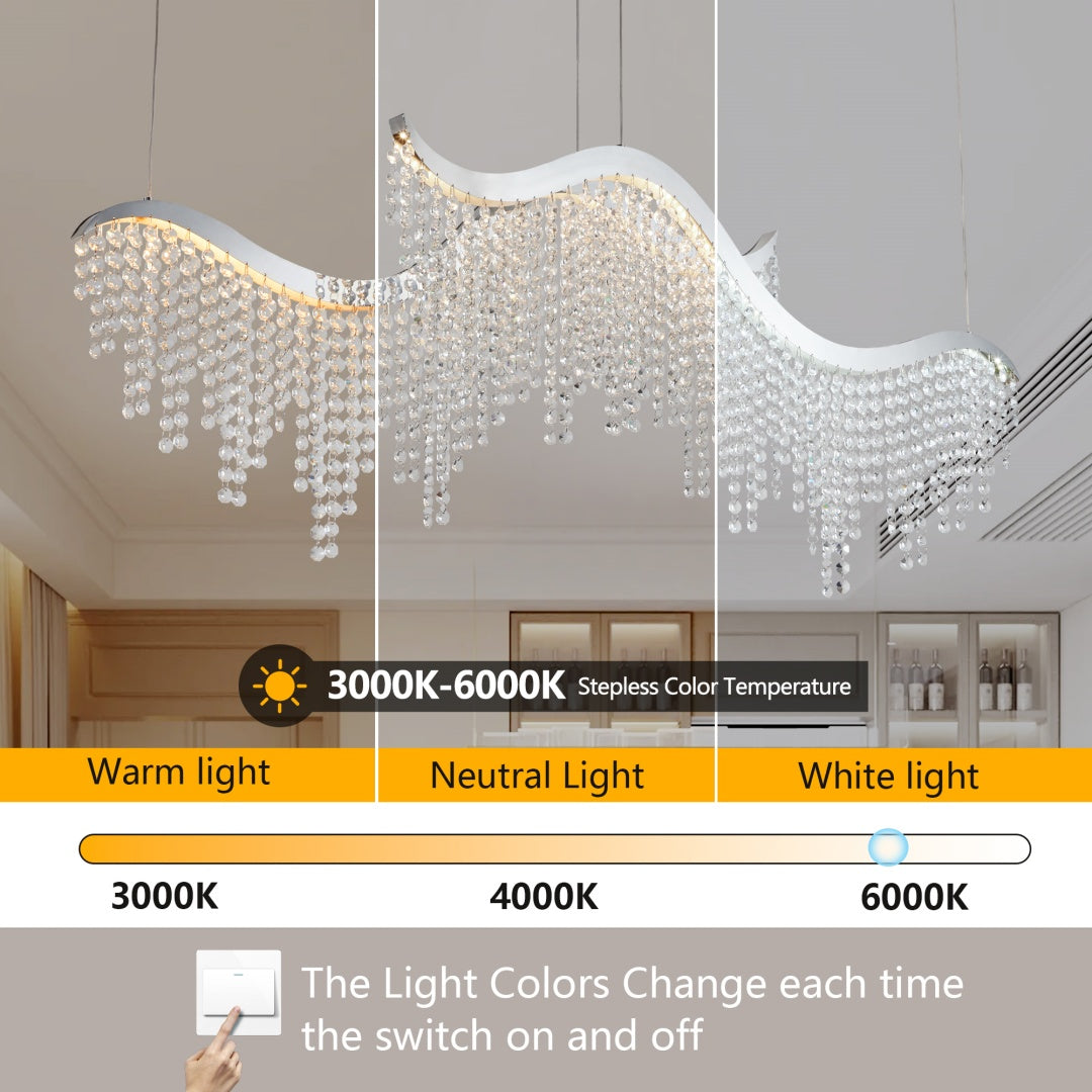 36-inch Modern Wave LED Crystal Chandelier - Adjustable Color Temperature 3000K-4000K-6000K - Adjustable Height - Elegant Chandelier For Living Room And Luxurious Space