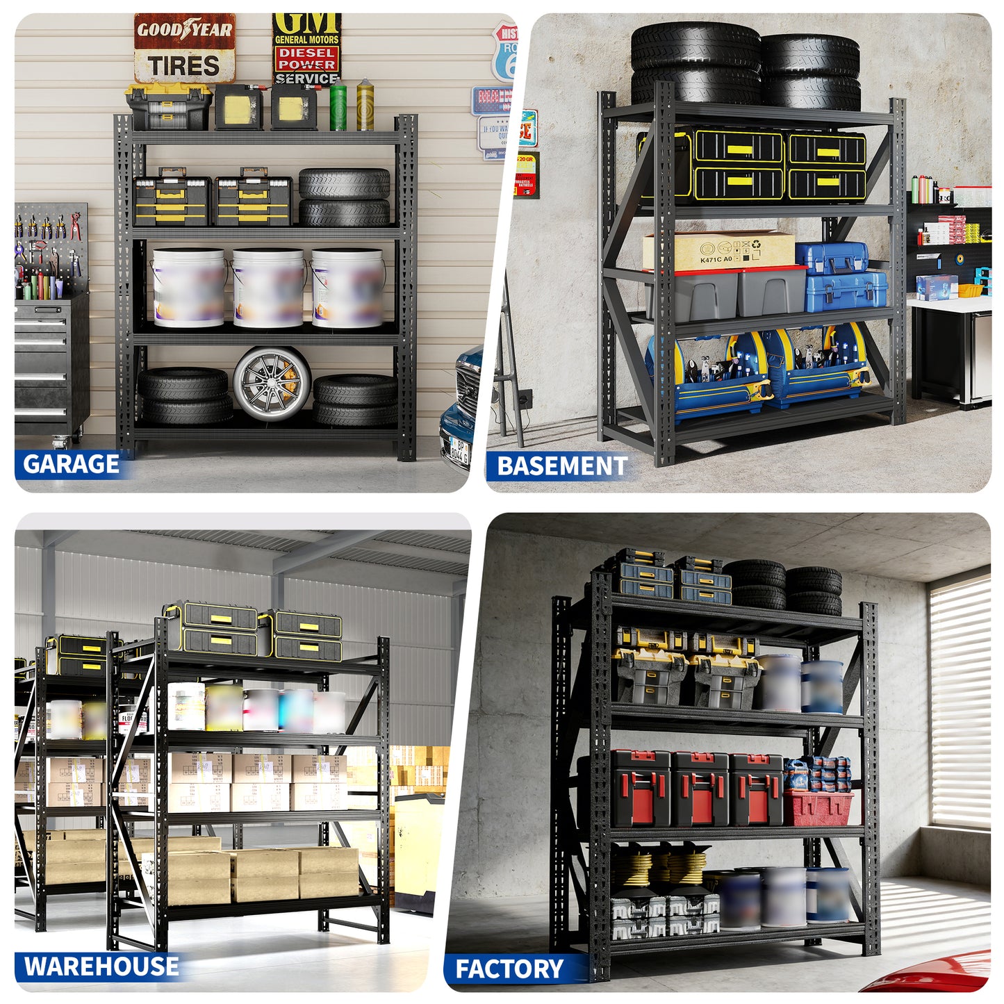 Heavy Duty Metal Adjustable Garage Shelves, 4000LBS Storage Rack  69H X 59W X 23.6D  Industrial Shelving Unit For Warehouse, Black