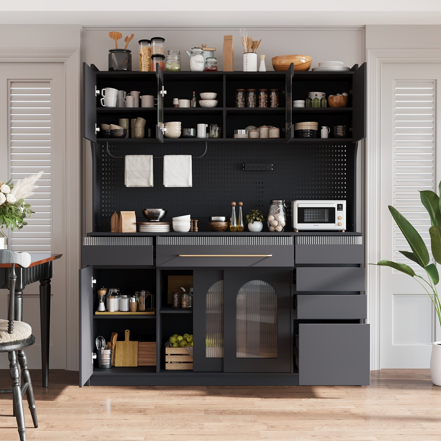 TOPMAX Freestanding 63 W Buffet With Hutch, Large Coffee Bar Storage Cabinet With 6 Drawers, 5 Cabinets With Adjustable Shelves,Pegboard,Towel Rack, Power Outlet,Black