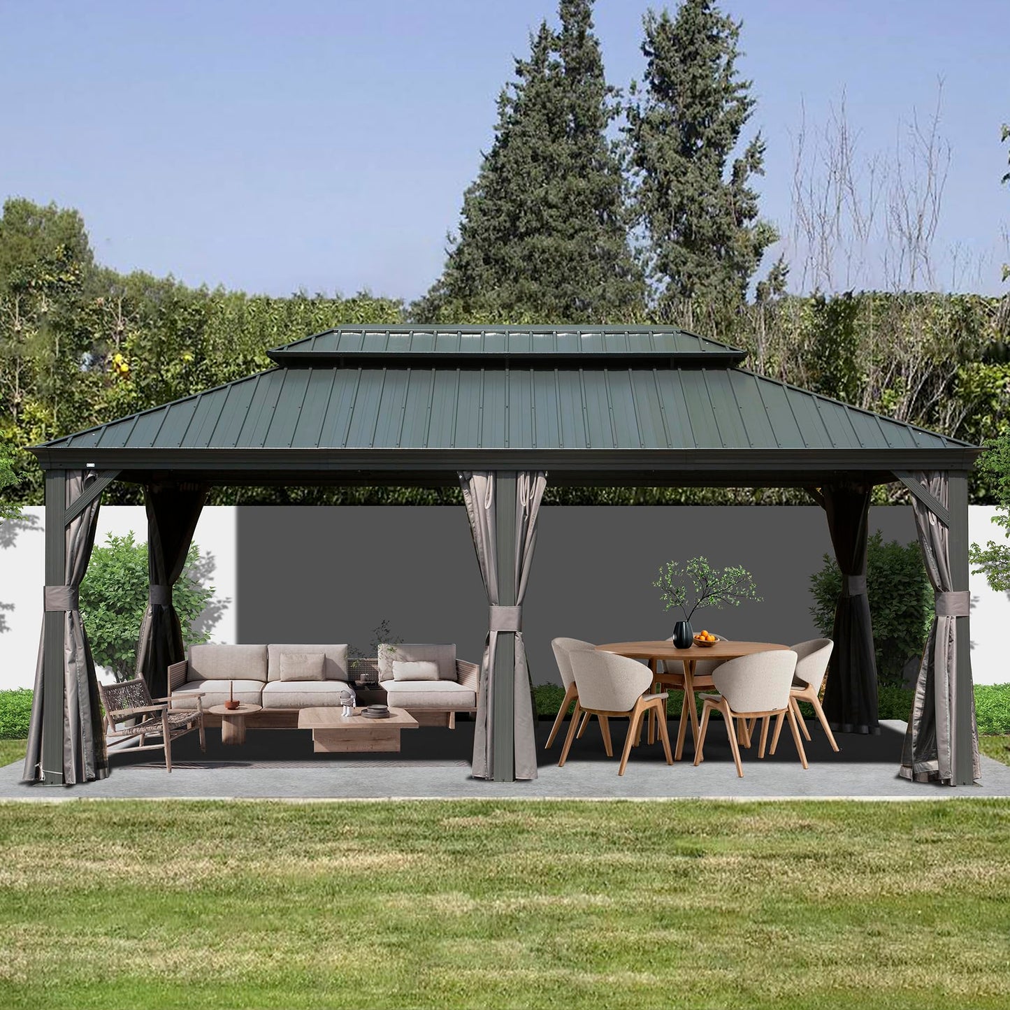 12  X 18  Hardtop Gazebo Outdoor Metal Gazebo With Galvanized Steel Double Roof Canopy, Aluminum Frame, Curtains And Netting For Patio, Deck, Garden, Grey