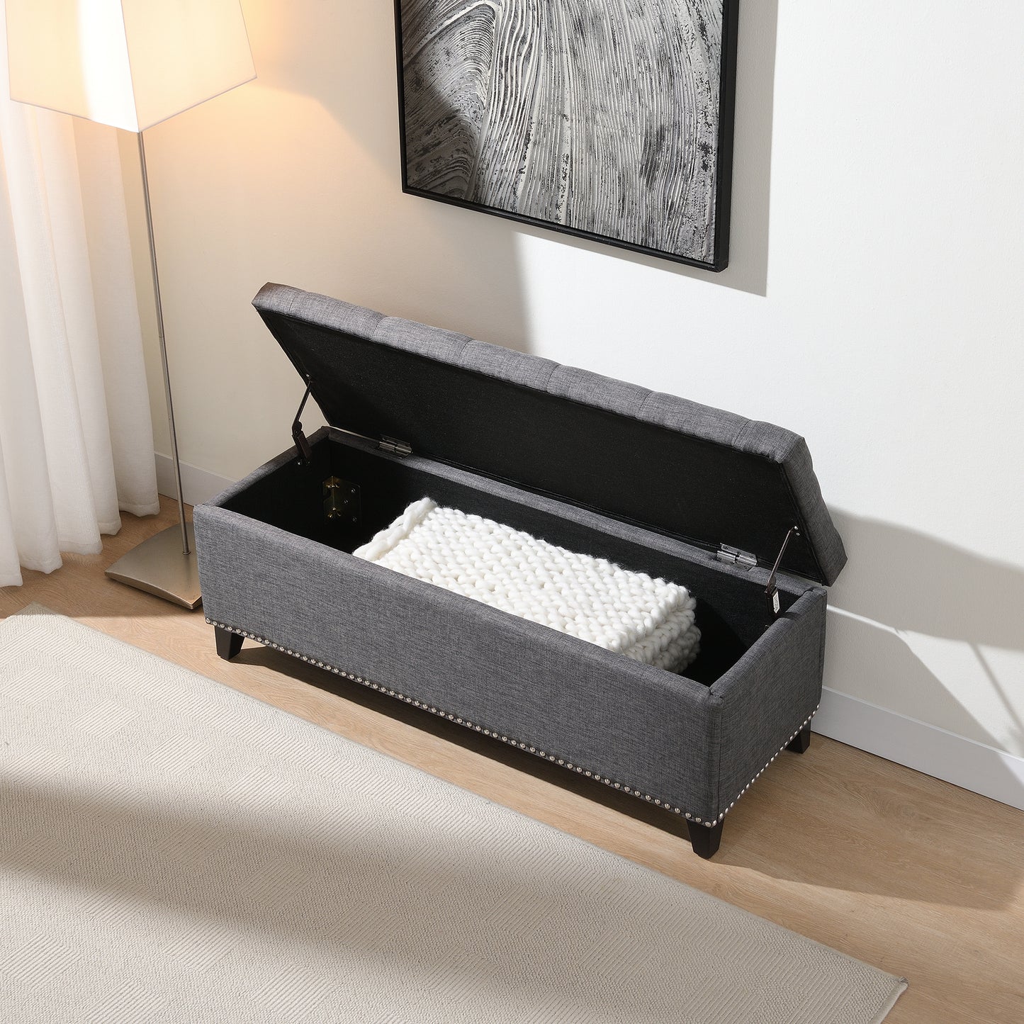 47.5  Storage Ottoman, Storage Bench With Safety Close Hinge, Linen Button-Tufted Ottoman For Living Room, Entryway, Hallway, Foot Rest, Support 500lbs - Dark Grey
