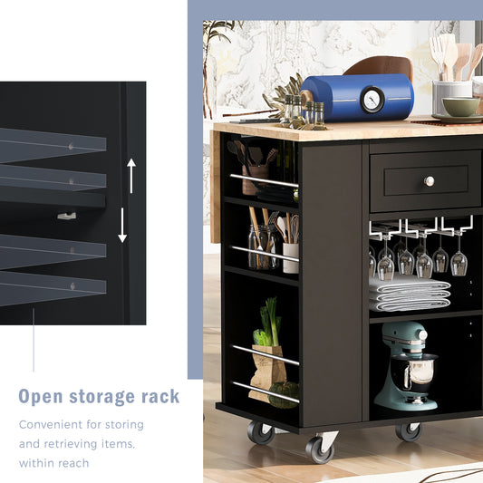 Kitchen Island With Power Outlet,Kitchen Storage Island With Drop Leaf And Rubber Wood,Open Storage And Wine Rack,5 Wheels,with Adjustable Storage For Home, Kitchen, And Dining Room, Black