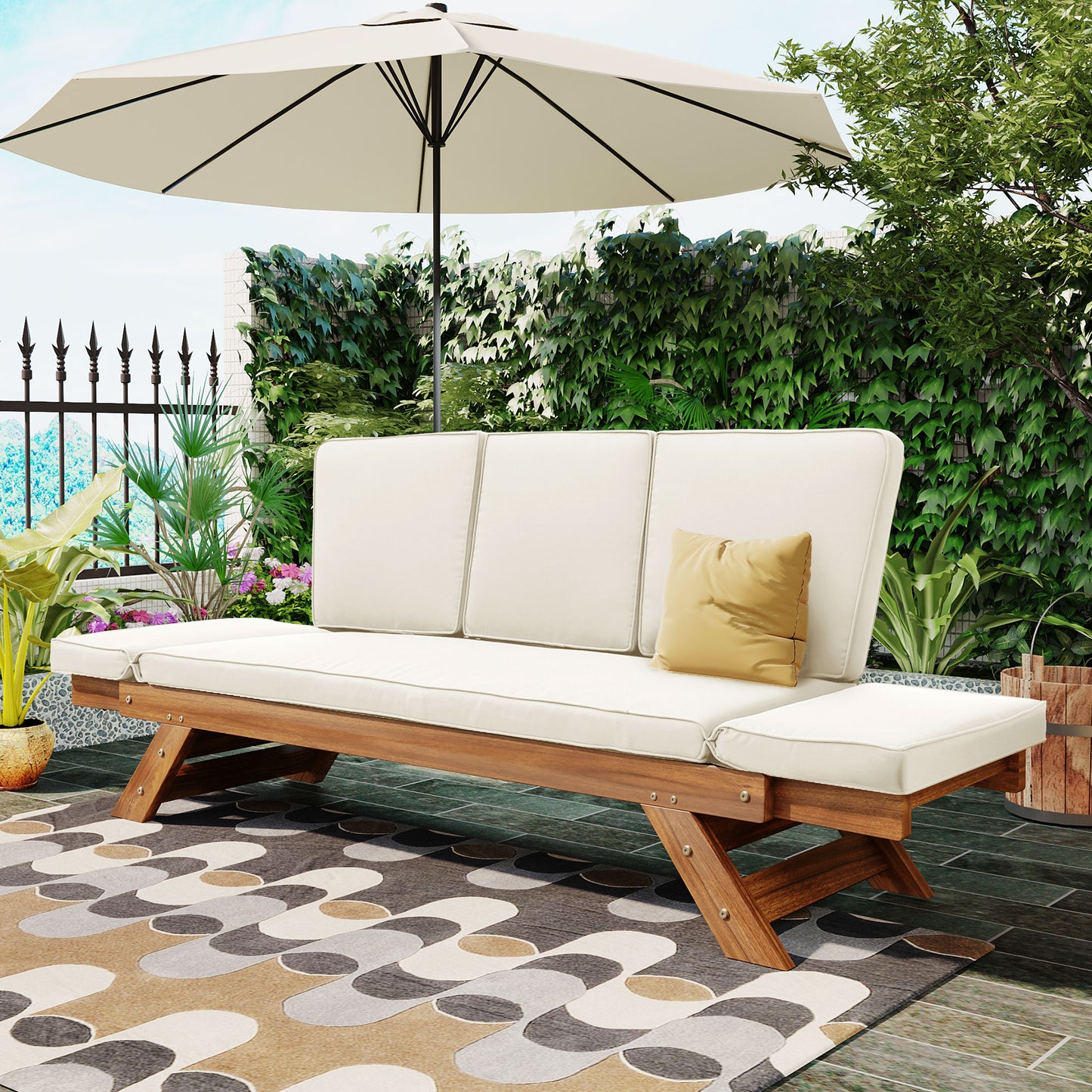 TOPMAx Outdoor Adjustable Patio Wooden Daybed Sofa Chaise Lounge With Cushions For Small Places  Natural Finish Beige Cushion
