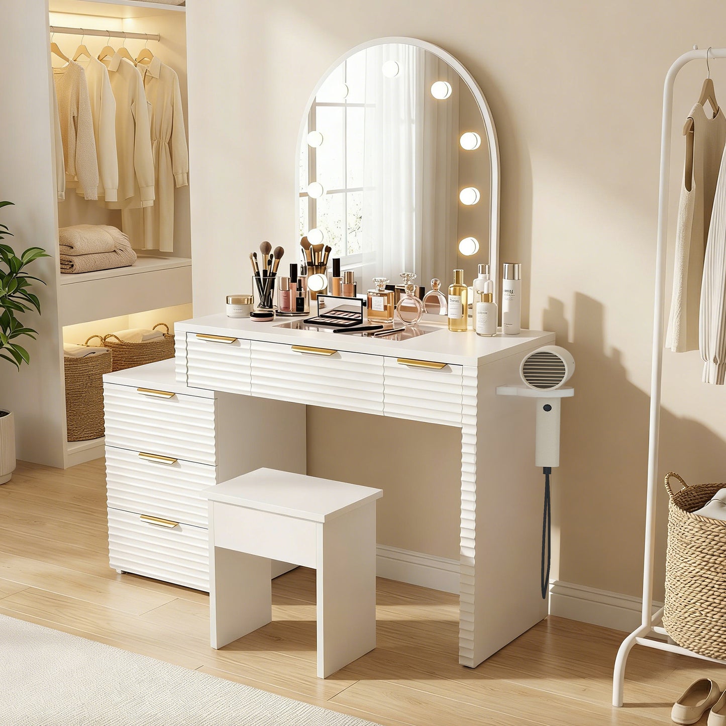 Makeup Vanity Desk With Mirror Lights Glass Tabletop 3 Lighting Modes Adjustable Vanity Table Modern Makeup Desk With Chair Power Outlet And 6 Drawers For Bedroom