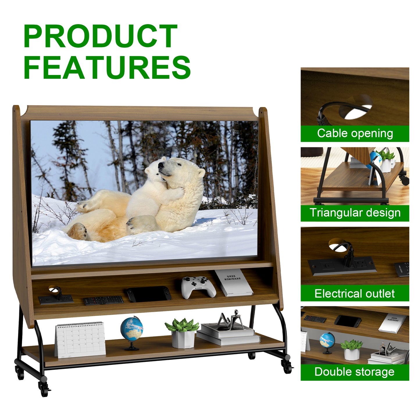 Mobile TV Stand With Mount For 32-50 TV With Projector Screen & Power Outlets - Adjustable Rolling TV Cart, MDF Wood