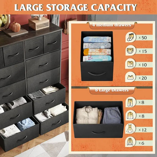 Tall Dresser For Bedroom With 12 Drawers, Dressers & Chests Of Drawers, Fabric Dresser For Closet, Living Room, Storage Dressers With Storage Drawers, Steel Frame, Wood Top